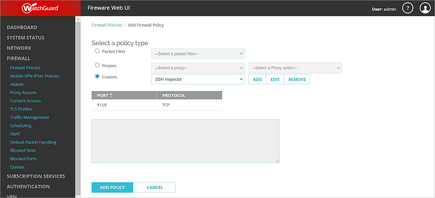 Screenshot of Add Policy of ssh